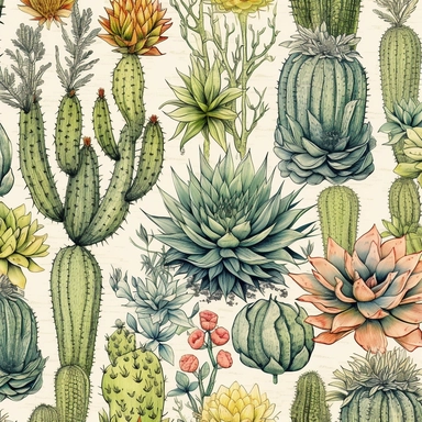 Vintage seamless pattern of cactus and succulents pencil sketch, ephemera paper design with ornate illustrations, vintage, distressed textures, muted colors, craft paper texture, handwriting lines in background, pen and ink on paper with watercolor washes Watercolor, vector, white background, rice paper texture, clipart, Seamless patterns, repeating patterns design, flat illustration, outlined , Vector, 4K, Art station, digital print, highly detailed clean, detailed illustration, 3D vector art, 