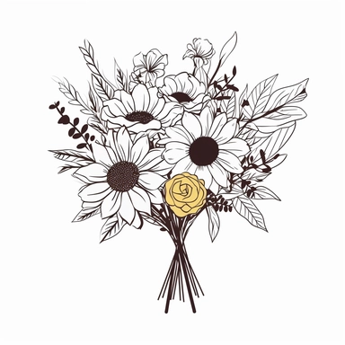 vector illustration, hand drawn, elegant floral bouquet with sunflowers, silhouette, outline svg, clipart, sunflower wedding bouquet, all white background