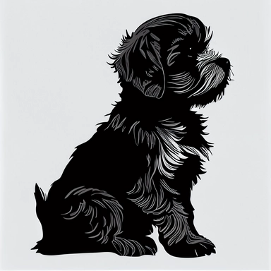 Havanese puppy, side view, black silhouette, portrait, simple outline, vector, logo design, clipart, isolated, no background, .75 gutter