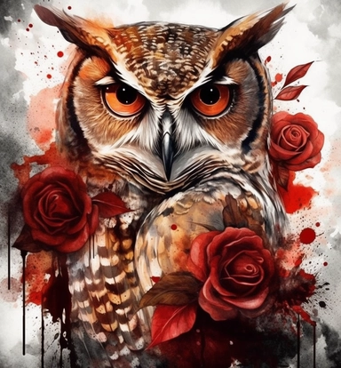 DESIGN A MAGNIFICENT AND EXQUISITE BREATHTAKING ONE-OF-A-KIND HIGH QUALITY HIGHLY DETAILED MASTERPIECE WATERCOLOR CLIPART ILLUSTRATION OF with a red rose owl, this tattoo design measures 33 % bigger than a regular owl tattoo, in the style of digitally enh