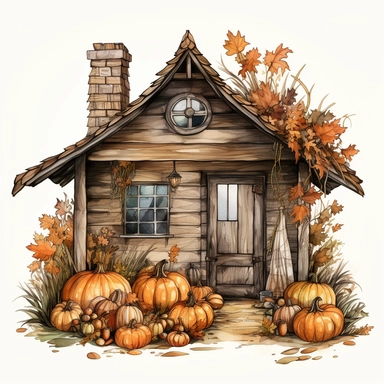 Hand drawn, Thanksgiving themed , a rustic house decorate with thanksgiving elements, watercolor clipart, single object, high definition 8k, single object, png, transparent, 4K, white background for removing background