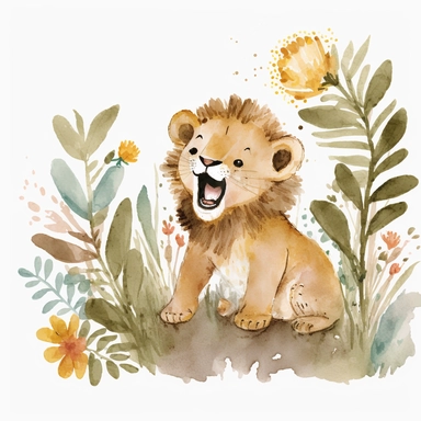 The watercolor clipart illustration shows a baby lion playing in a natural setting. The background is a white space to keep the focus on the cute baby lion. The colors are warm and inviting, with shades of yellow, brown, and white. The baby lion is depicted in a playful and happy way, with its mouth open in a smile and its paws stretched out. This would be a perfect watercolor clipart for kids to enjoy and learn about lions.