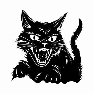 retro 1950s simple lineart clipart black and white hissing cat