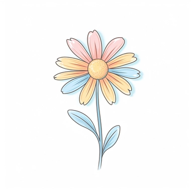 Soft pastel daisy clipart against a clean white background. The illustration features a charming daisy with gentle pastel petals and a sunny yellow center. The color palette includes soft shades of pink, yellow, and blue. The white background creates a contemporary and minimalistic look, allowing the daisy to exude its soft and delicate beauty. The lighting is soft and even, accentuating the flower's simplicity and creating a sense of warmth. The atmosphere exudes a feeling of tranquility and na