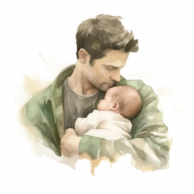 Create a detailed watercolor clipart of a father cuddling a newborn baby boy in cream colors with soft green-khaki tones on a white background. The expressions, clothing, and interaction should be realistically illustrated.