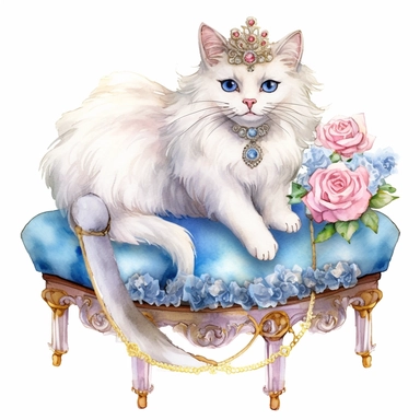 make a clipart of watercolor fairytale white fluffy princess cat with a gold crown with gemstones and blue eyes, laying on a blue victorian foot stool, and roses, rococo, shabby chic