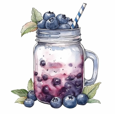 1970s style Blueberry milkshakes in one mason jar, watercolor hand drawn illustration sublimation clipart, isolated on white background for removing background no text shadow font watermark