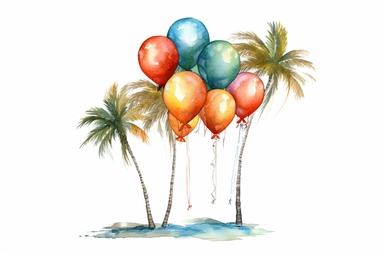Watercolor, Design a tropical beach setting with balloons floating above palm trees. clipart, hd, on a white background, spaced out