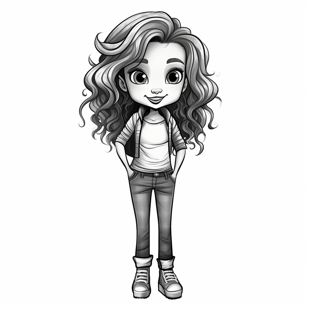 smiling girl doll style, black contour thin lines, arms crossed, jeans ...