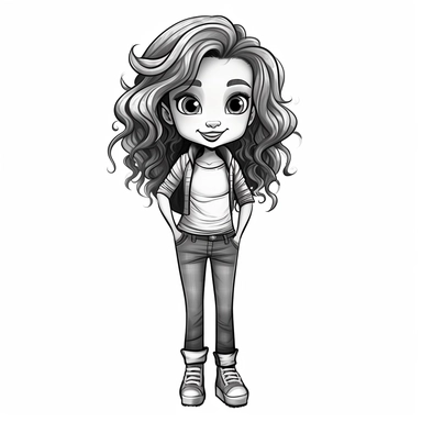 smiling girl doll style, black contour thin lines, arms crossed, jeans, sneakers, long curls, disheveled hair, cartoon clipart, cute eyes, big city, illustration for kids, disney