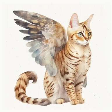 cute Bengal cat with angel wings watercolor clipart on white background
