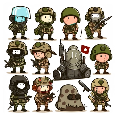 10 stickman soldiers stickers collection, clipart design, cartoon, 4k, white background, photo realism