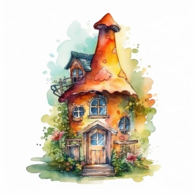 watercolor clipart of a tiny elf house with small details, vibrant colors, magical, mystical, celestial, high quality watercolor image on white background