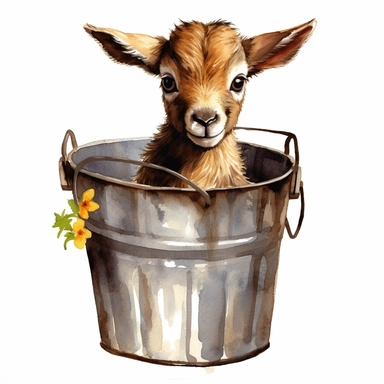 baby goat in a bucket, watercolor clipart, transparent background