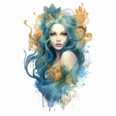 gothic style overrealistic beautiful mermaid in turqouise and sea blue color with watercolor effect,gold details,suitable for digital clipart,white background, no physical deformation, realistic features,royality fashion, space out