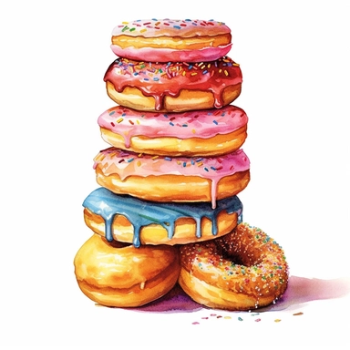 a beautiful detailed watercolor artwork of delicious stack of old-fashioned donuts, food art, clipart, clear border, hd, on white background,