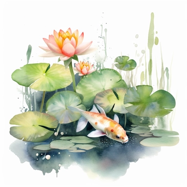 Watercolor Lily Pond Clipart, lily pad and frog pond, CLIPART, fish and birds