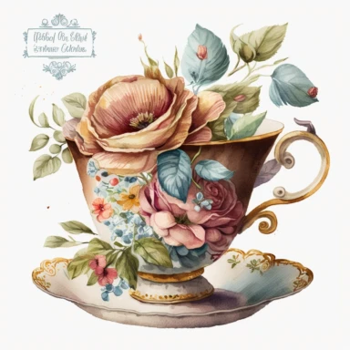 vintage old school tea cup, watercolour clipart, floral art