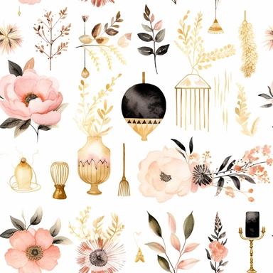 Draw a watercolor-style clip art images that feature objects related to an aesthetic adorned with floral designs. The images should have aesthetic, and should incorporate elements such as watercolor [gold] whimsical and cute illustration in watercolor of boho dream ctcher with black ornaments, in a Scandinavian folk art style with botanical and swirl motifs. light pink gold colors Traditional with a modern twist watercoloritem collection, isolated on a white background, classy, simple, graphics,