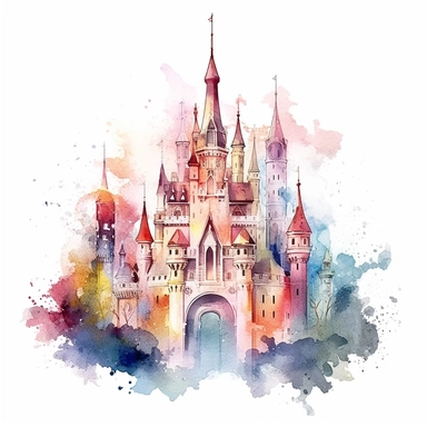 A magical watercolor fantasy castle clipart, its whimsical architecture painted with a blend of vibrant and muted watercolor pigments, the castle rising majestically against a backdrop of fantastical landscapes, the details of each tower and rooftop meticulously crafted with delicate brushstrokes, evoking a sense of enchantment and mystery, ideal for adding a touch of magic to your designs, 4k