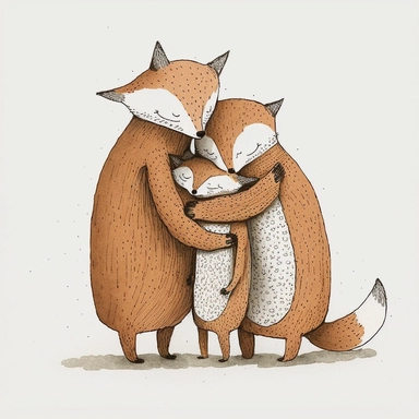 watercolor and ink drawing of a portrait of a family of three happy foxes, one mom fox, one dad fox, one baby fox, clipart, embracing each other, cute pose, cartoon, doodle, happy, smiling, beautiful watercolor ink wash coloring, thick pencil lines, Jon klassen, Adrian tomine, popular on etsy, watercolor illustrations clipart, watercolor illlustrations for kids and children, book illustrations, plain white background