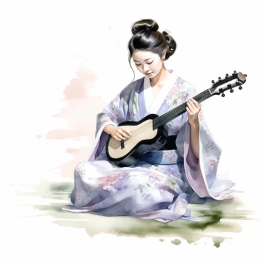 Illustrate a watercolor clipart portrait of a Geisha playing the shamisen, a traditional Japanese musical instrument, capturing the elegance and skill of the Geisha artistry, clipart, white background