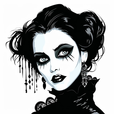 Illustrate a clipart image showcasing a goth woman with radiant eyes that shine brightly. Use a rich and diverse color palette to enhance her appearance, and ensure the image is detailed and crisp. The background should be pure white