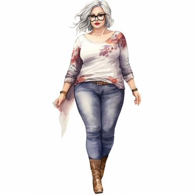 Realistic watercolor full body glamourous fat woman with casual blouse and jeans and heels, beautiful fat woman face with long eyelashes glamourous style, 35 year old lady with grey short hair, clipart, cozy, bright warm colors, 1500x500 pixels,