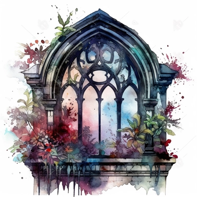a dark gothic victorian window, overgrown with very big flowers beautifully designed, clear view on a gothic city, in the style of dark intense colors, wet on wet watercolor, clipart, white background