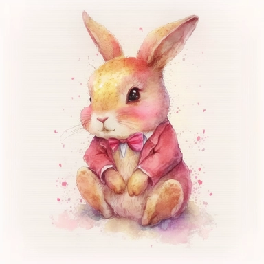a detailed watercolor painting of a cute cartoon baby bunny with bowtie, clipart, watercolor style, pink, pastel colors, isolated on white background, children's book illustration