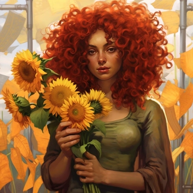 6 of wands tarot card, woman giving 6 sunflowers to unfortunate people, year 2035, beautiful curly hair, busy street , realstic , fantasy clip art