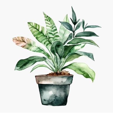 Watercolor clipart tropical single planter, Watercolor clipart tree planter, single watercolor houseplant clipart in pot, black contour around the leaves, white background,
