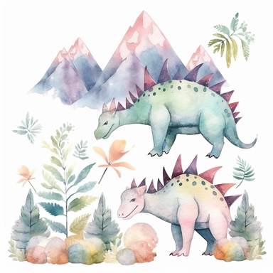 friendly, fluffy watercolor dinosaurs clipart, pastel colors, in the mountains, forest, separated, seamless, transparent background--AR 3:2