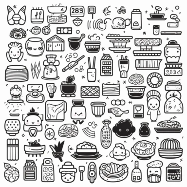 korean doodle style lineart black and white, cute, icons, white background, clipart