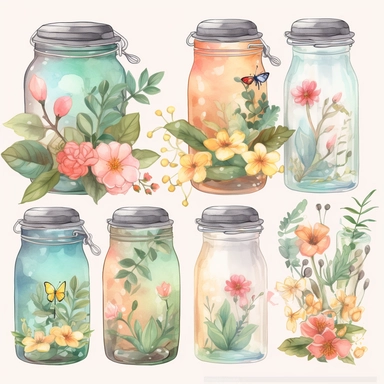 watercolor 1 dozen jars, decorated with flowers, plants, leaves, inserted into glass jars vividly bold designs png Full body realistic cartoon in 32K UHD cute. 15 cm thick outline. Black color. There was no shadow on the ground. 8k with realistic watercolors. and detailed illustrations. PNG clipart, transparent white background