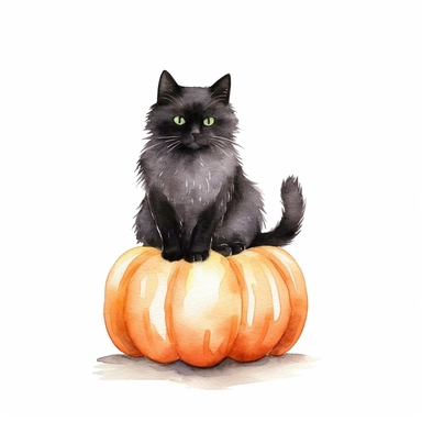 Watercolor clipart cute black cat on pumpking white background