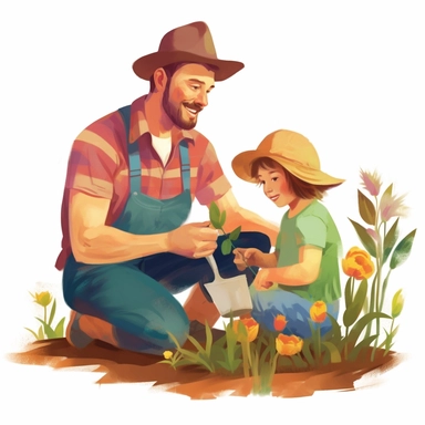 Gardening Buddies: Illustrate a clip art image of a father and child gardening together, planting flowers or vegetables. This image symbolizes the father's role in teaching the value of nature, responsibility, and nurturing growth.