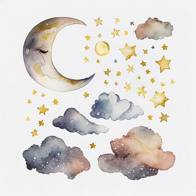 clouds, moon,stars, watercolor,all white background, clipart
