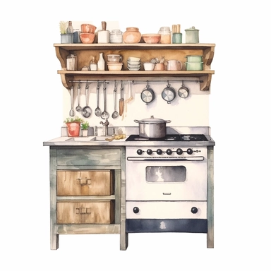 watercolor clipart, small vintage country kitchen unit in decent light colors, white background, view from front, high quality, highly detailed, sharpness