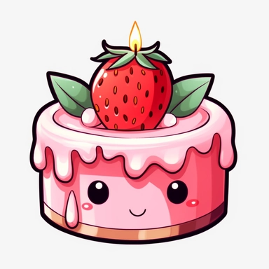 clipart kawaii birthday cake, strawberry, with candle, watercolor, simple, white background, black outline