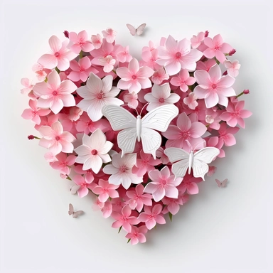 3D exceptionally beautiful pink flowers and butterflies in 3D, heart shaped, clipart, white background