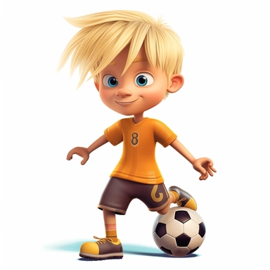 a 7 year old blond boy as a soccer star with long fringe hairstyle and short sides as a soccer star, full body, comic style clipart like paw patrol