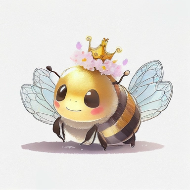 non-distinct white background, clip art, smiling, kawaii, watercolor, photo realistic, Ghibli, anime, queen bee, crown, hive