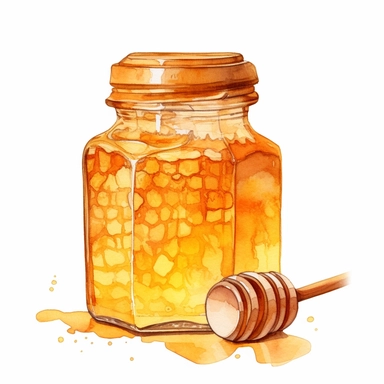 watercolor, A honey bottle with a label featuring a honeycomb pattern, highlighting the origin and authenticity of the golden honey inside. (Digital drawing clipart, image black border color, full body, flat texture, transparent background)