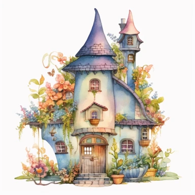 a whimsical watercolor summer fairyhouse, sublimation clipart,featuring cozy house, painted in soft pastel shades of blue, pink, green, and yellow, with intricate details such as flowers, vines, and shingled roofs, fine brushes, and various shades of pastel paint pigments, isolated on a white background,single object, print on demand image, PNG transparent background, white background for removing background - - no text shadow font watermark