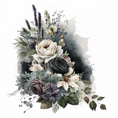 clipart watercolor detailed and realistic. on white background. beautiful flower tribute, Bouquet. dark theme, greyscale - loss funeral Themed tribute bouquet