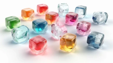 3d render, ice cubes collection, clip art isolated on white background. Frozen water assorted shapes, Bright color, realistic