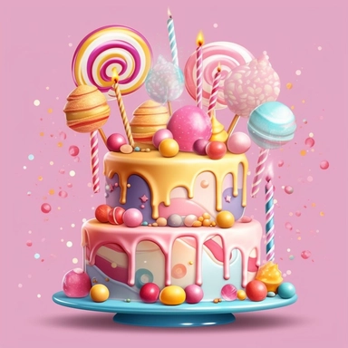 Create a clipart image of a birthday cake with a whimsical theme. Incorporate elements like candy, lollipops, and colorful fondant decorations.