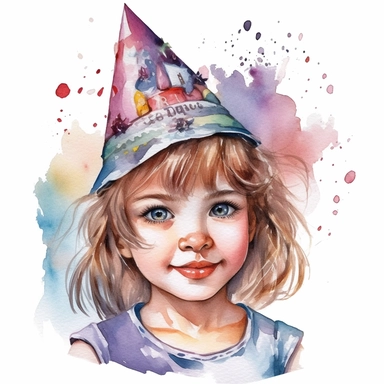watercolor of a birthday small girl isolated on a white background, detailed ,realistic ,rtx on,textural richness,colorful imagery,digital illustration, clipart,