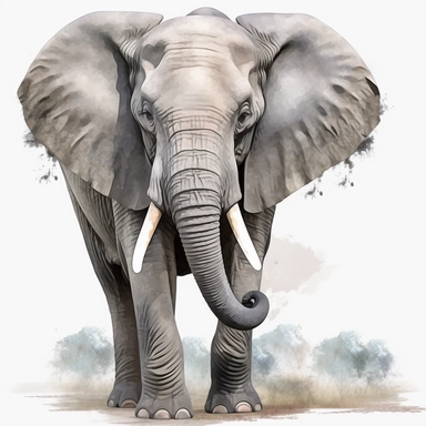 a calf grey African elephant, stood sideways to the camera looking right, shooting water from its trunk, watercolour painting transparent background png clipart - <@1074466201847210054> (Waiting to start)